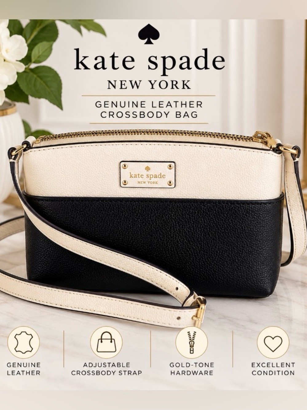 Kate Spade New York Black Cream Leather Crossbody Bag Gold Hardware